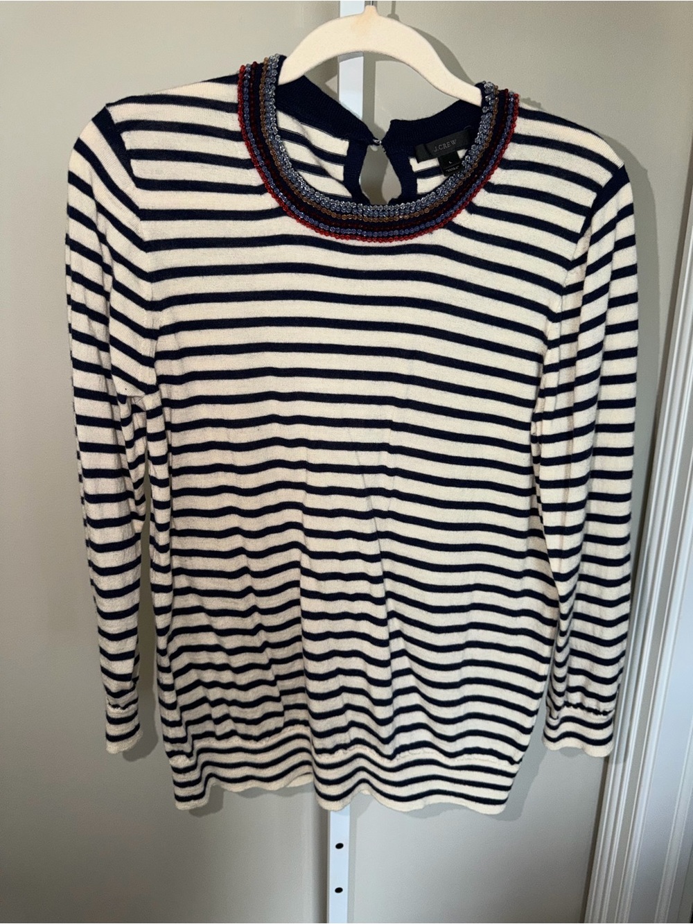 J.Crew 100% Merino Wool Embellished Stripe Sweater Navy Ivory Beaded Neck Large
